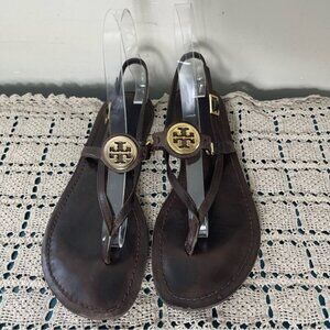 Tory Burch Ali-Anteka Leather Brown coconut Sandals 8.5 Gold hardware slingback
